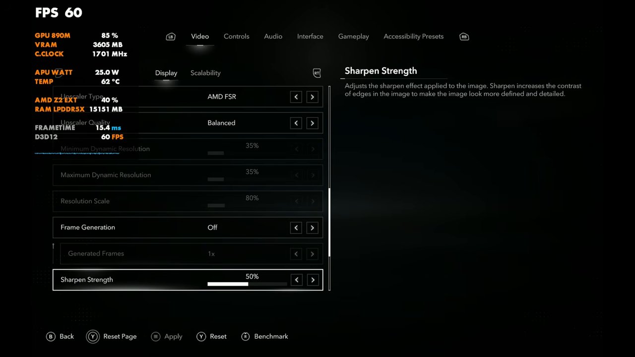 Black Flag Resynced upscaler settings on Legion Go 2: AMD FSR, Balanced, frame generation off, sharpen strength 50%