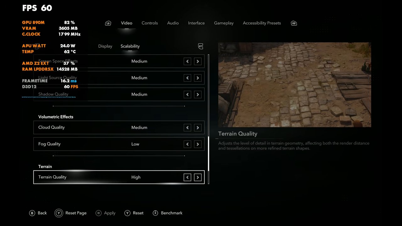 Black Flag Resynced volumetric and terrain settings on Legion Go 2: Cloud Quality Medium, Fog Quality Low, Terrain Quality High