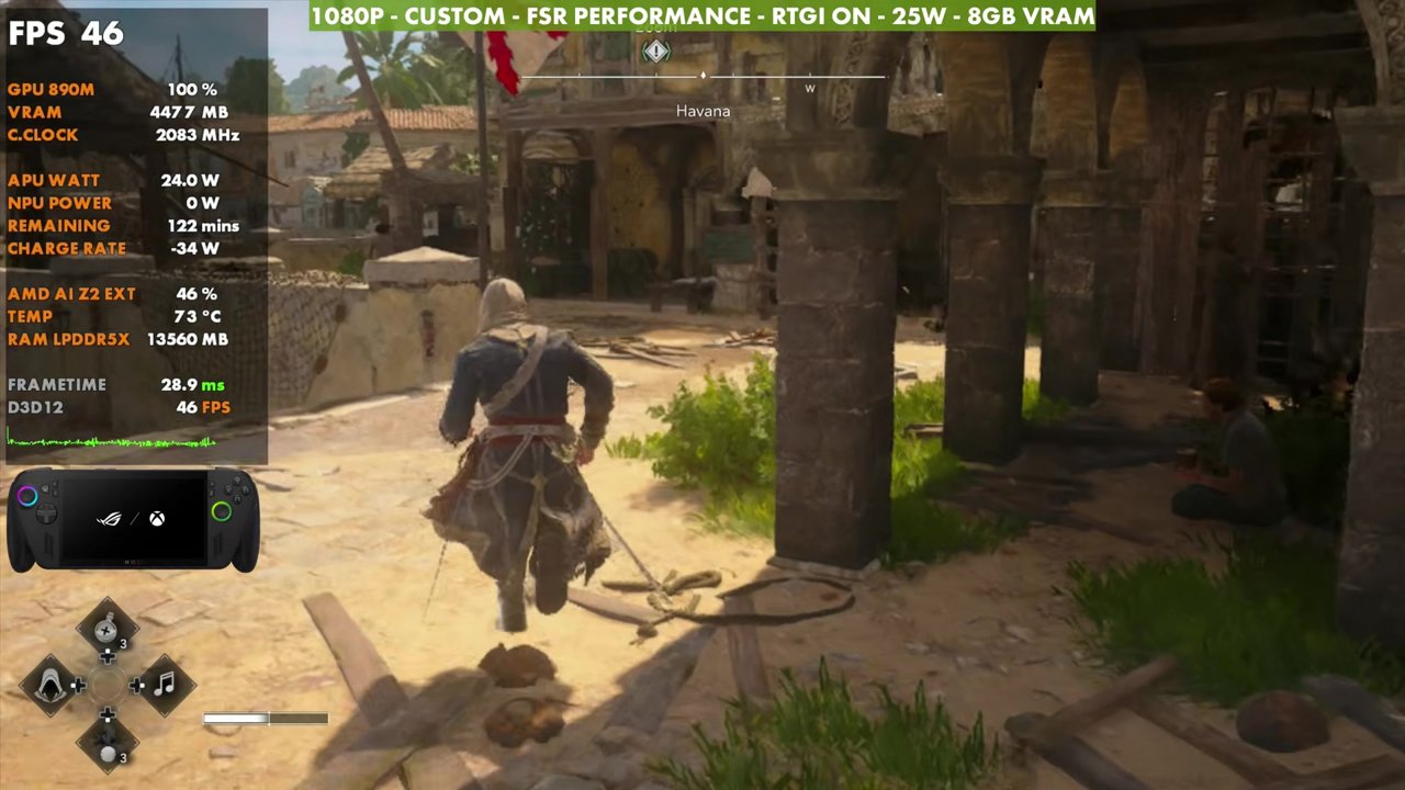Black Flag Resynced on ROG Xbox Ally X at 46 FPS, 1080p custom settings, FSR Performance, RTGI on, 25W