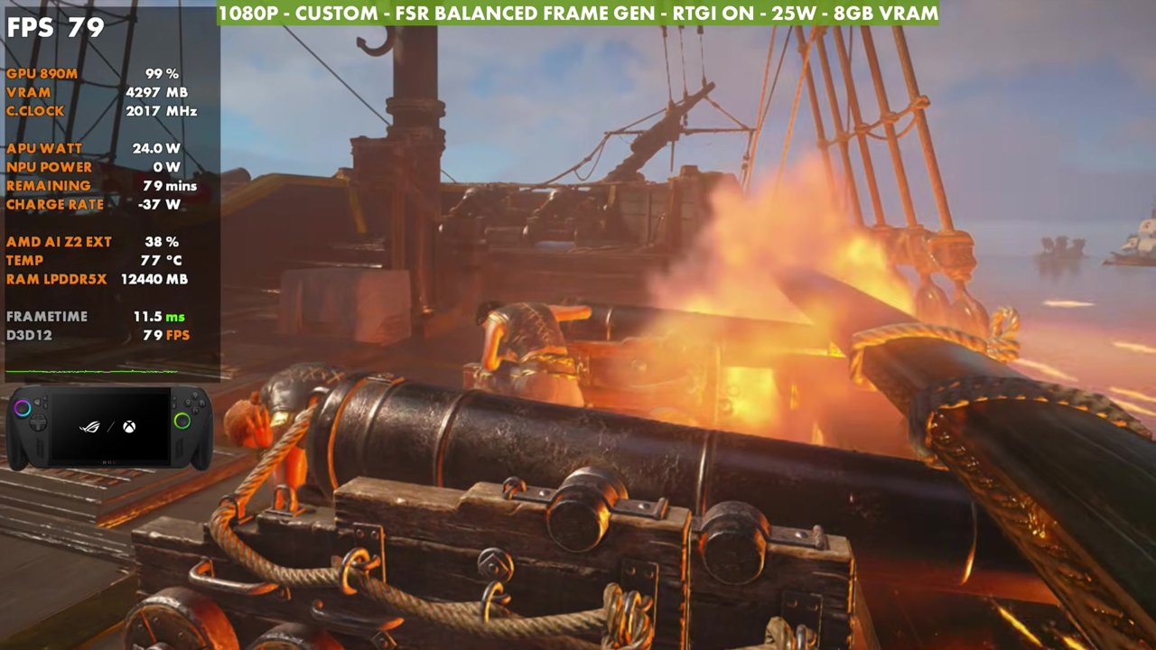 Black Flag Resynced cannon fire on ROG Xbox Ally X with frame gen at 79 FPS, 1080p custom settings, FSR Balanced, RTGI on, 25W