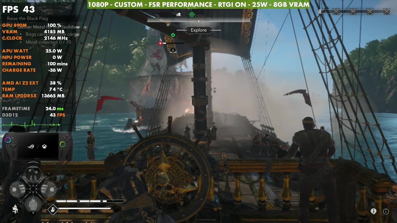 Black Flag Resynced naval combat on ROG Xbox Ally X at 43 FPS, 1080p custom settings, FSR Performance, RTGI on, 25W