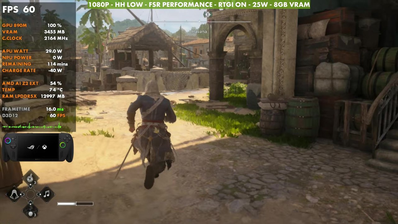 Black Flag Resynced on ROG Xbox Ally X at 60 FPS, 1080p Handheld Low, FSR Performance, RTGI on, 25W