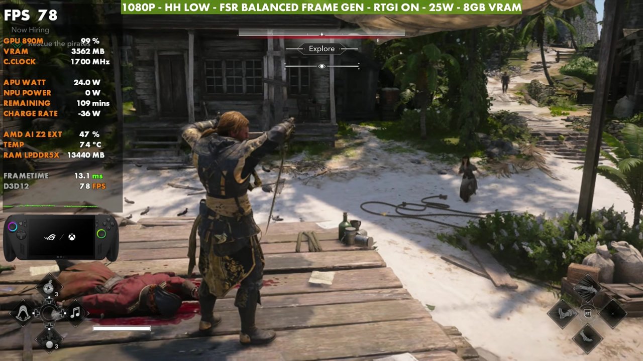 Black Flag Resynced on ROG Xbox Ally X with frame gen at 78 FPS, 1080p Handheld Low, FSR Balanced, RTGI on, 25W