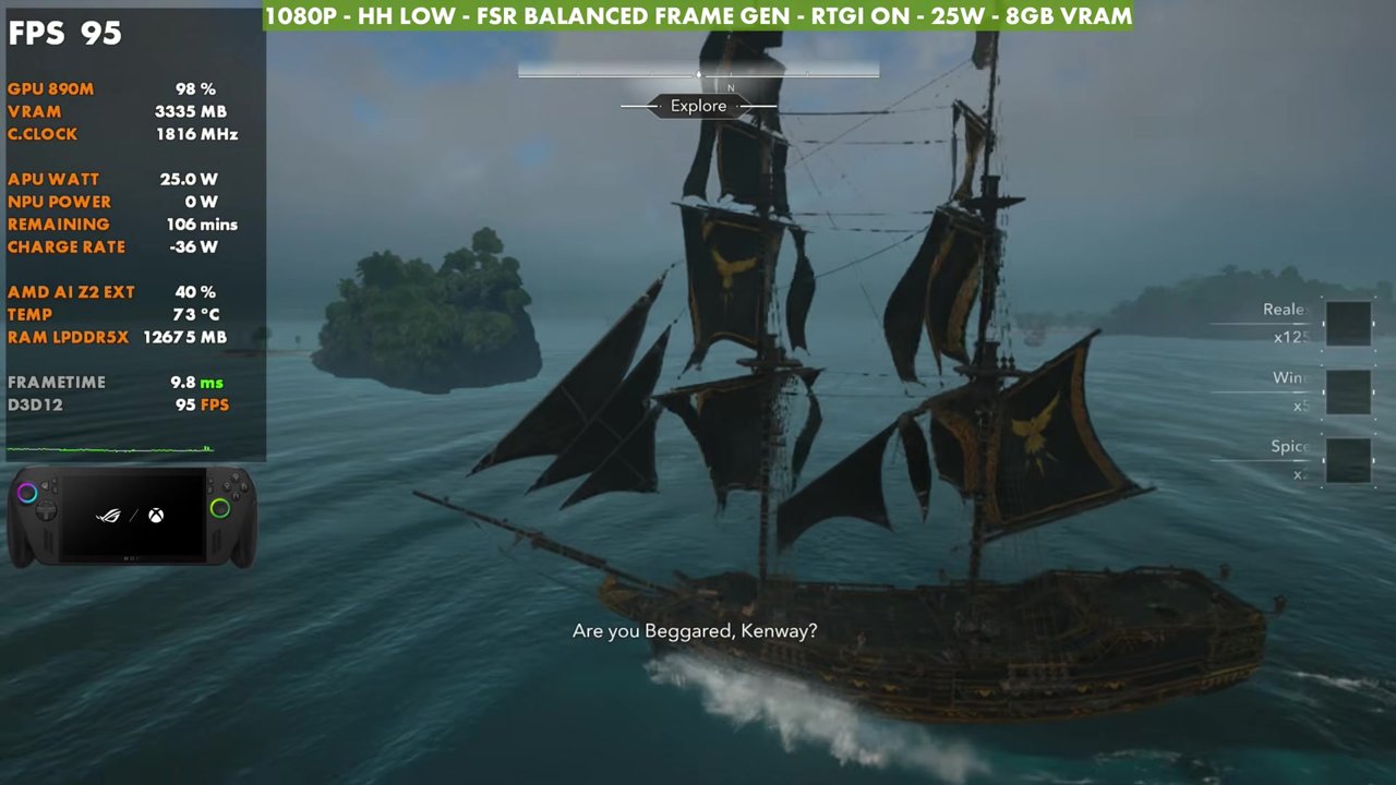 Sailing in Black Flag Resynced on ROG Xbox Ally X with frame gen at 95 FPS, 1080p Handheld Low, FSR Balanced, RTGI on, 25W