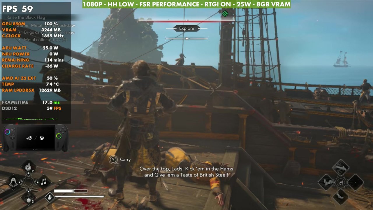 Black Flag Resynced ship boarding on ROG Xbox Ally X at 59 FPS, 1080p Handheld Low, FSR Performance, RTGI on, 25W