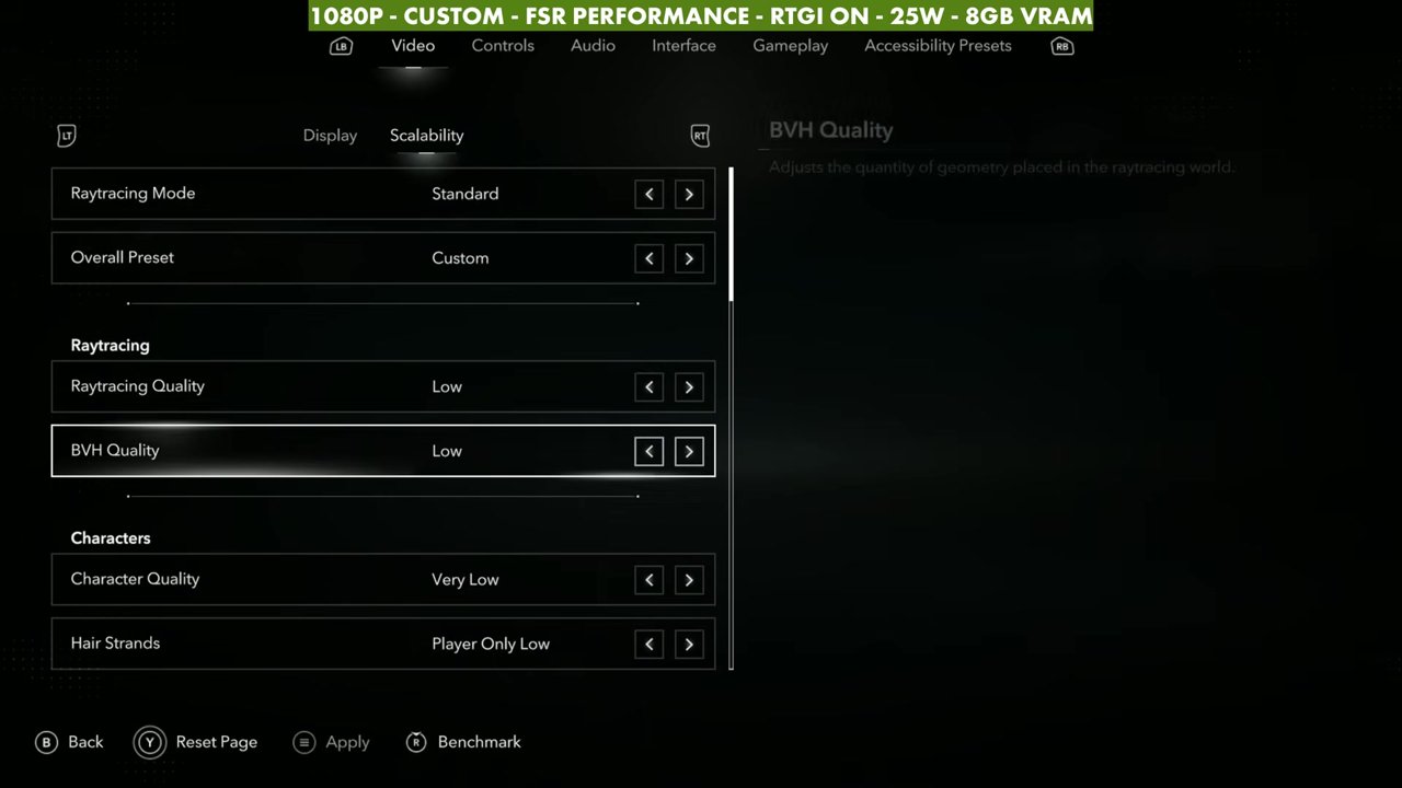 Black Flag Resynced custom settings on ROG Xbox Ally X: Raytracing Mode Standard, Raytracing and BVH Quality Low, Character Quality Very Low, Hair Strands Player Only Low