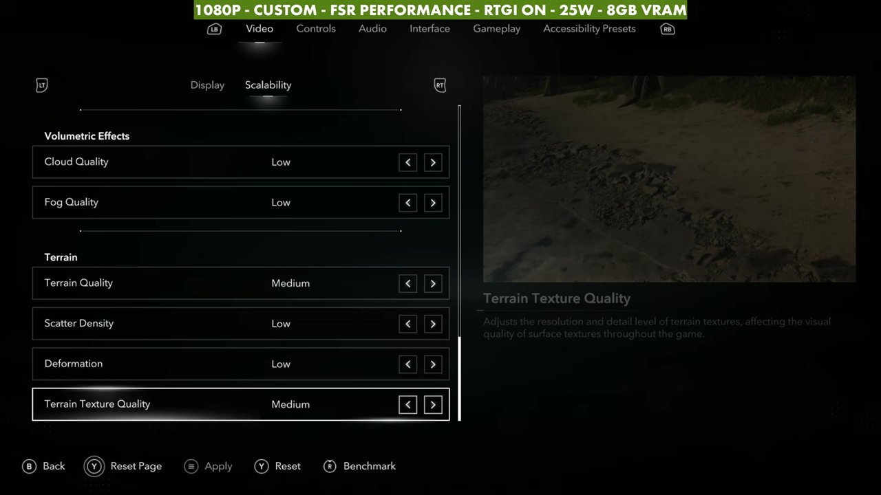 Black Flag Resynced custom settings on ROG Xbox Ally X: Cloud and Fog Low, Terrain Quality Medium, Scatter Density and Deformation Low, Terrain Texture Quality Medium