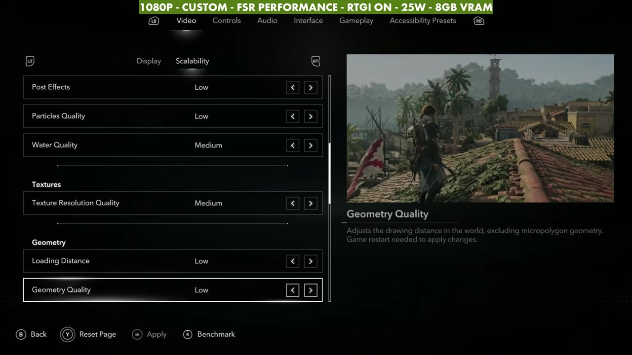 Black Flag Resynced custom settings on ROG Xbox Ally X: Post Effects Low, Particles Low, Water Medium, Texture Resolution Quality Medium, Loading Distance Low, Geometry Quality Low
