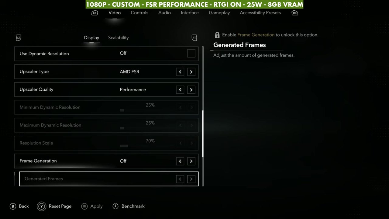 Black Flag Resynced display settings on ROG Xbox Ally X: AMD FSR, Performance, frame generation off