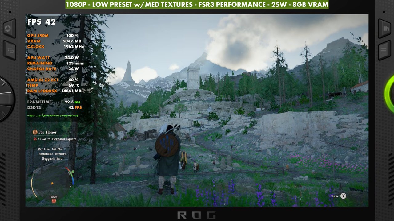 Crimson Desert on ROG Xbox Ally X at 1080p Low preset with medium textures, FSR3 Performance, 25W