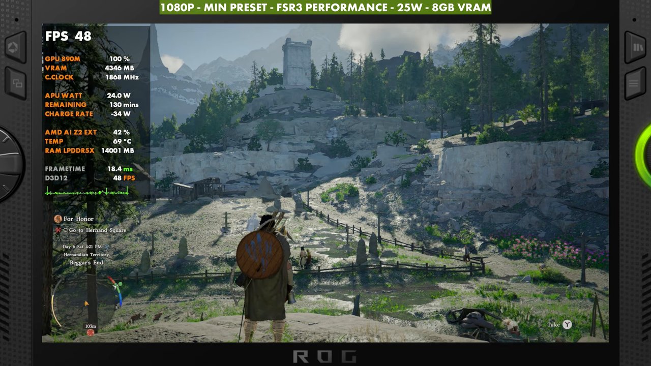 Crimson Desert on ROG Xbox Ally X at 48 FPS, 1080p Minimum preset, FSR3 Performance, 25W