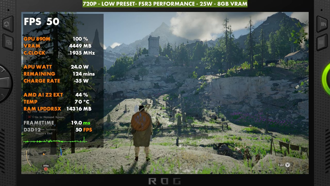 Crimson Desert on ROG Xbox Ally X at 50 FPS, 720p Low preset, FSR3 Performance, 25W