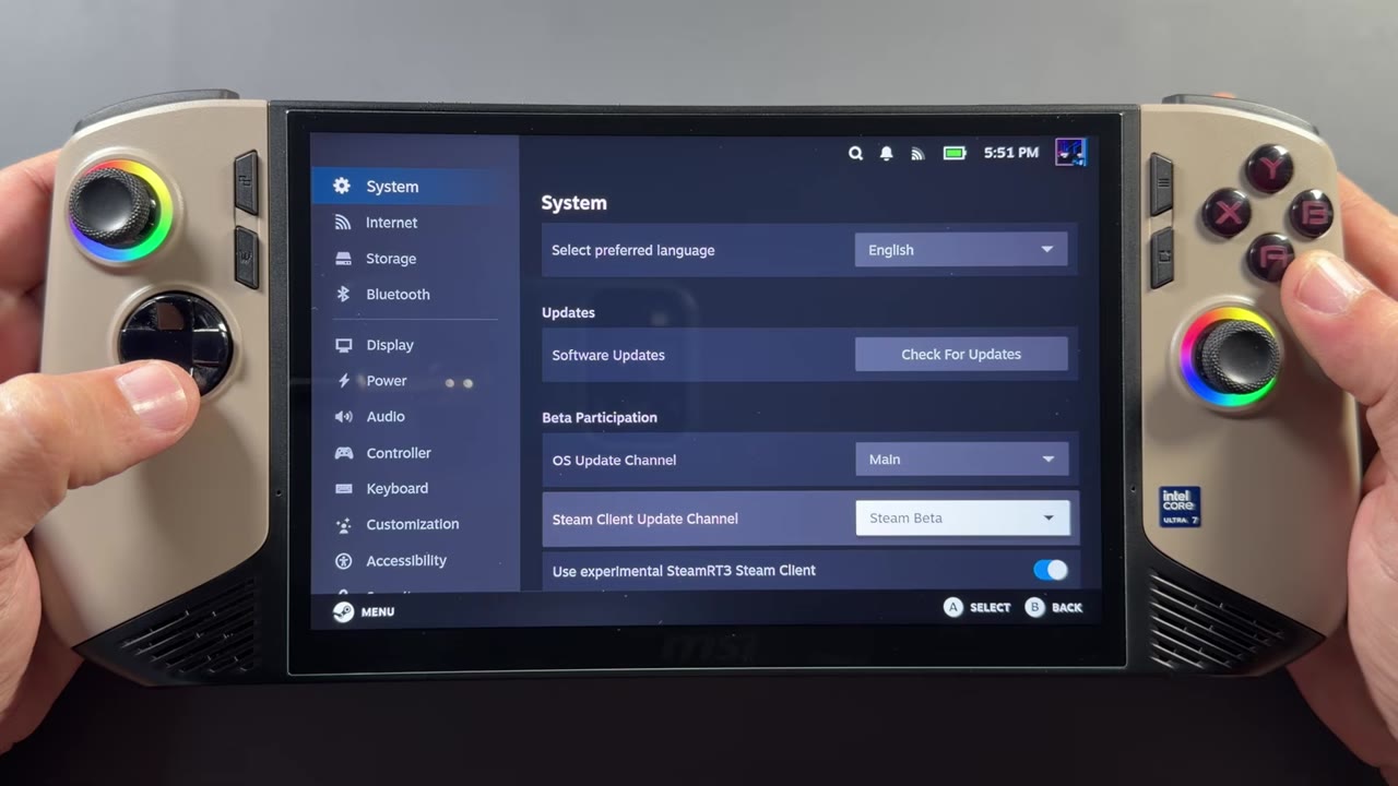 SteamOS system settings on the MSI Claw 8 AI+ showing the update channel options