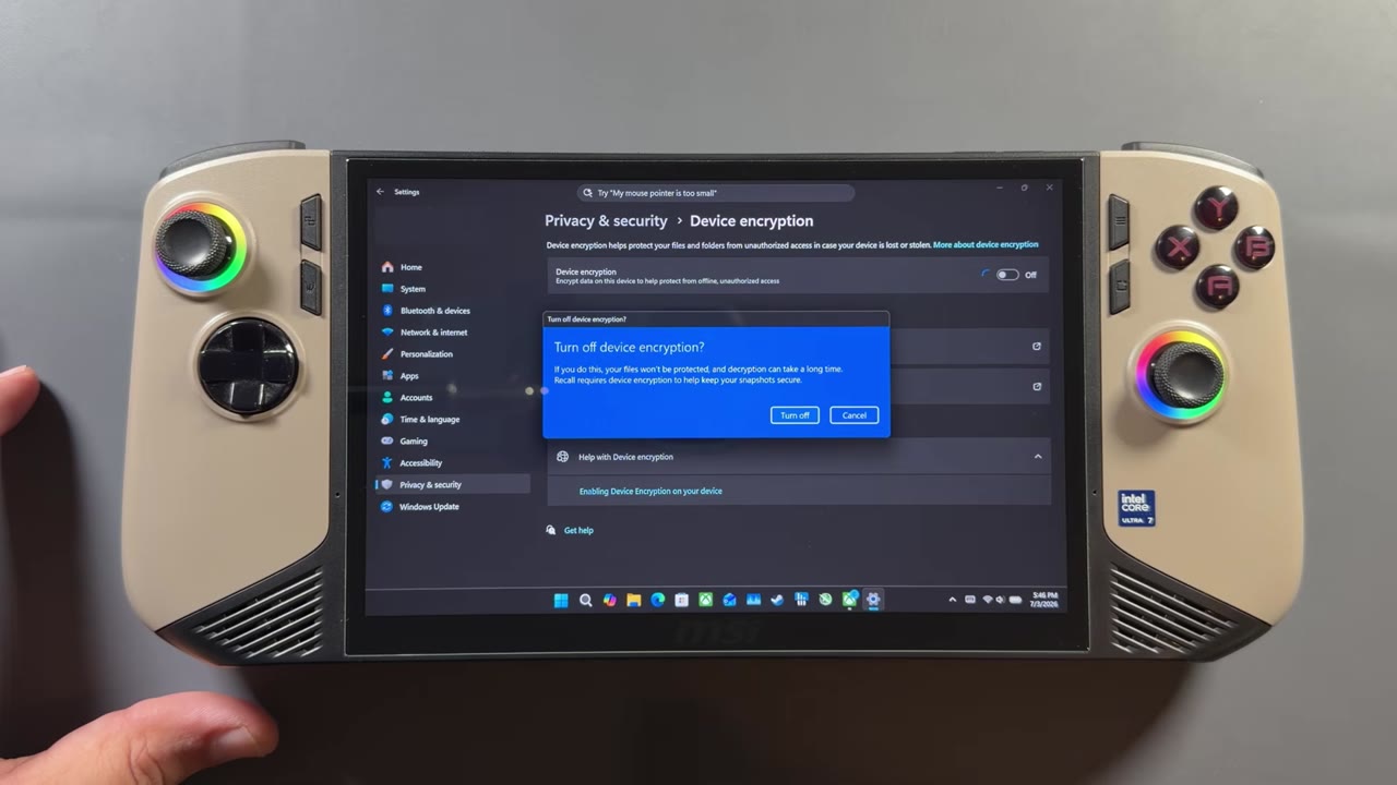 Turning off device encryption in Windows 11 on the MSI Claw 8 AI+ before installing SteamOS
