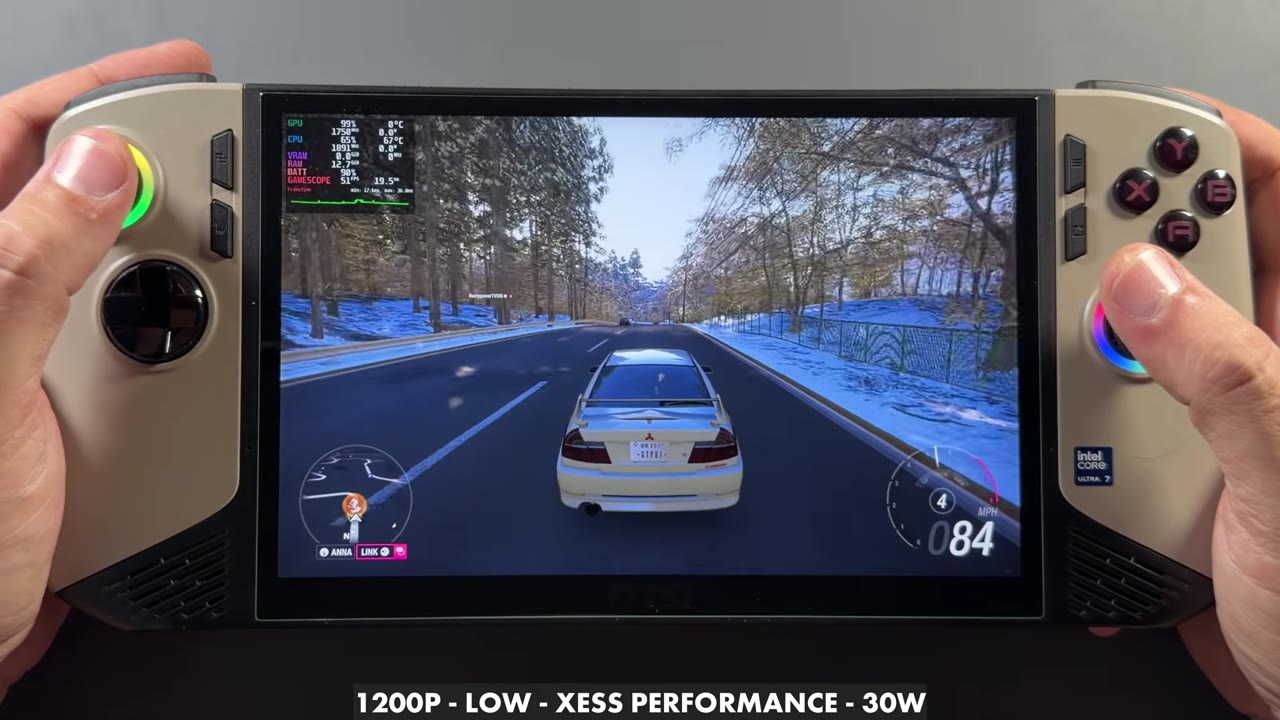 Forza Horizon 6 on SteamOS on the MSI Claw 8 AI+ at 1200p Low, XeSS Performance, 30W, overlay reading 51 FPS
