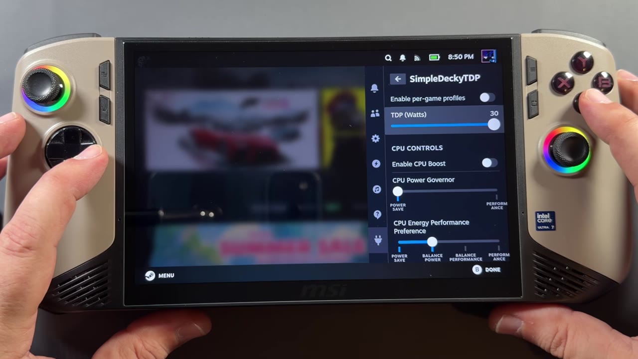 SimpleDeckyTDP plugin in the SteamOS quick access menu on the MSI Claw 8 AI+