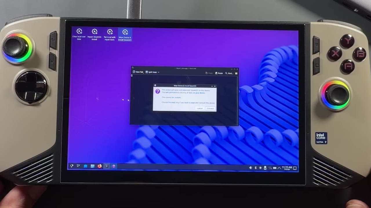 SteamOS recovery desktop on the MSI Claw 8 AI+ with the Wipe Device and Install SteamOS warning