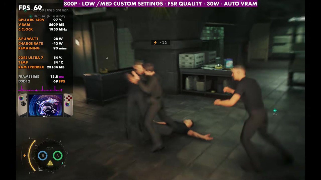 007 First Light hand-to-hand fight indoors on the MSI Claw 8 AI+, overlay reading 69 FPS