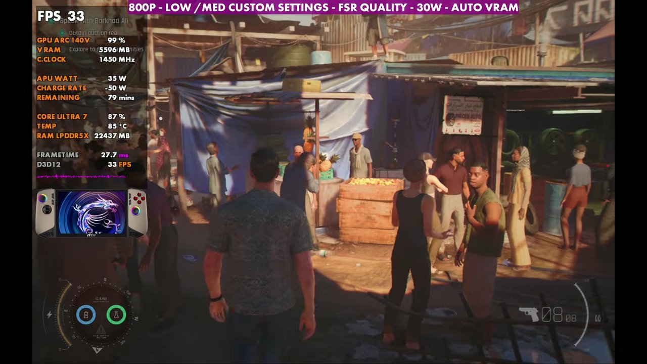 007 First Light in a crowded market on the MSI Claw 8 AI+, overlay reading 33 FPS