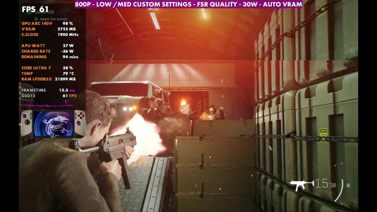 007 First Light firefight in the plane hangar on the MSI Claw 8 AI+, overlay reading 61 FPS