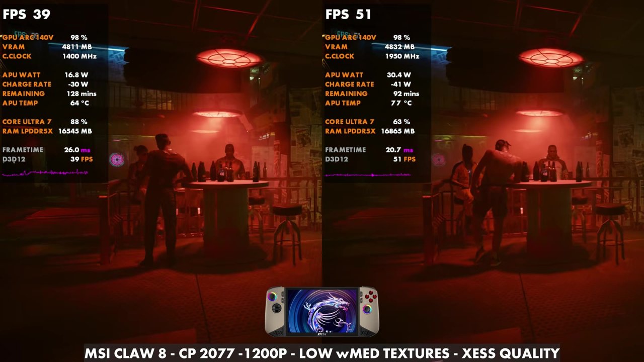 Cyberpunk 2077 on the MSI Claw 8 AI+ at 1200p, low with medium textures, XeSS Quality, overlay reading 39 and 51 FPS