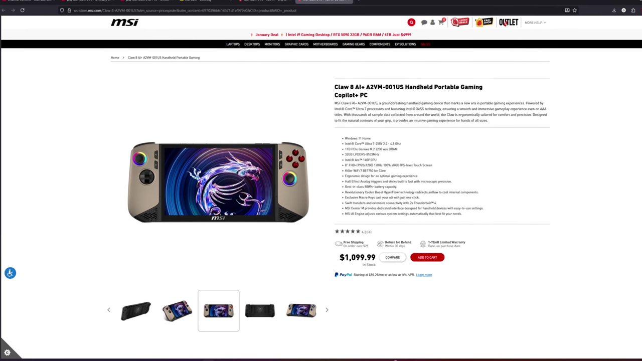 MSI store listing for the Claw 8 AI+ A2VM at $1,099.99