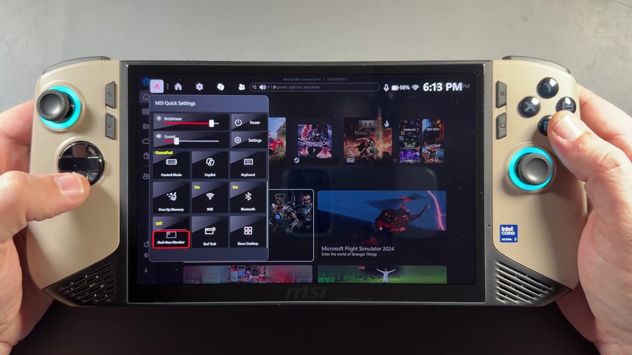 MSI Quick Settings menu open over the Xbox full screen experience on the Claw 8 AI+