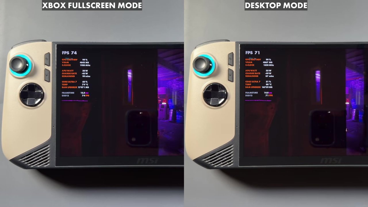 Same scene on the Claw 8 AI+ in Xbox full screen mode at 74 FPS and desktop mode at 71 FPS