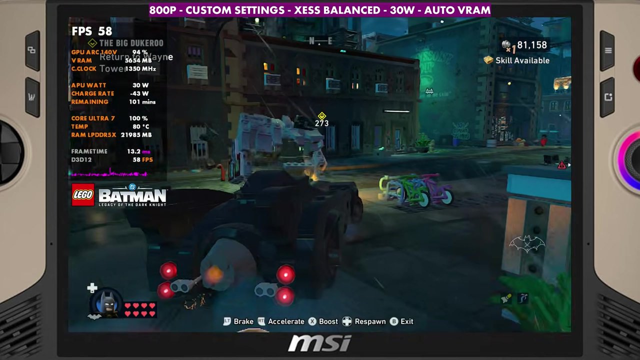 LEGO Batman Batmobile driving in Gotham on the MSI Claw 8 AI+, overlay reading 58 FPS