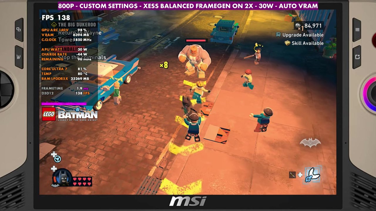 LEGO Batman street fight on the MSI Claw 8 AI+ with Intel frame gen 2x, overlay reading 138 FPS