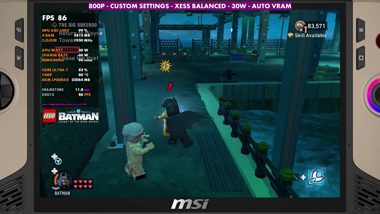 LEGO Batman street fight on the MSI Claw 8 AI+, overlay reading 86 FPS