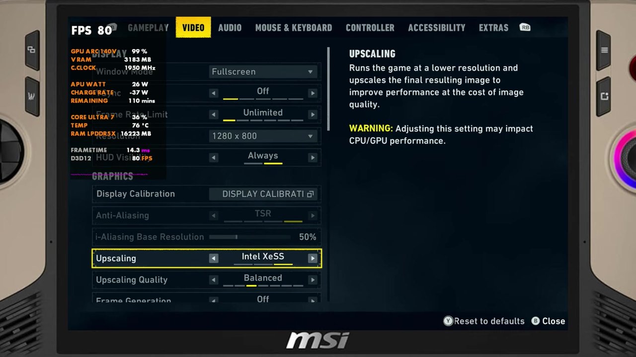 LEGO Batman video settings on the MSI Claw 8 AI+ with Intel XeSS upscaling set to Balanced