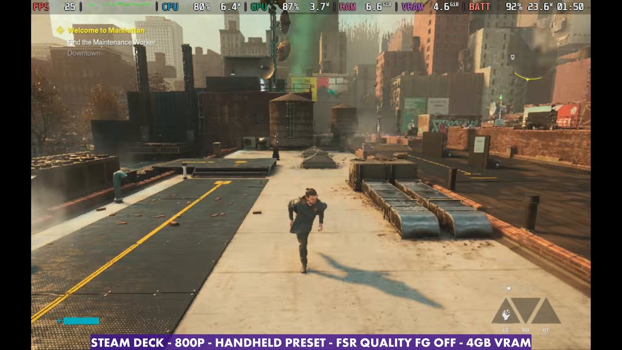 Control Resonant on Steam Deck at 800p Handheld preset with FSR Quality, frame gen off