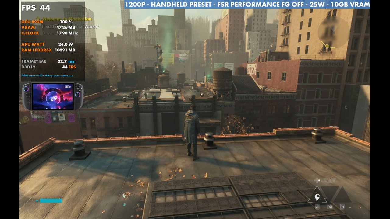 Control Resonant on Legion Go 2 at 1200p Handheld preset, FSR Performance, 25W, frame gen off