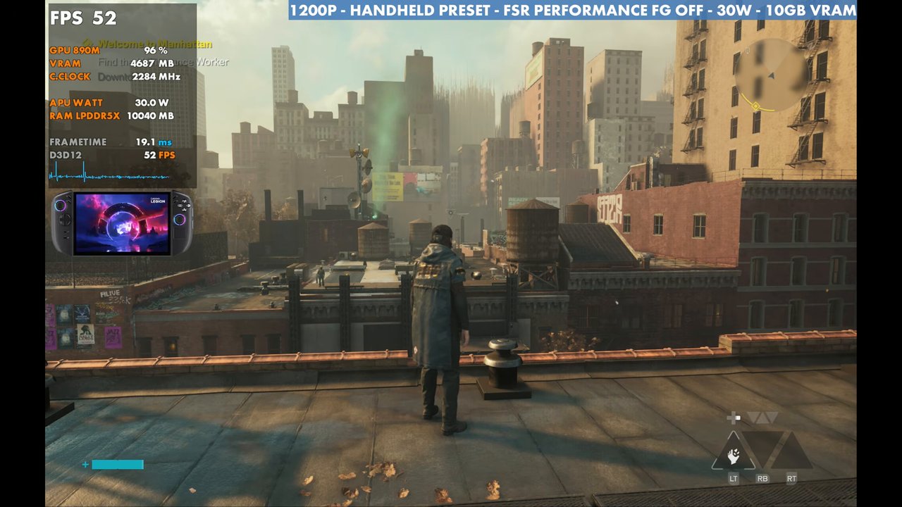 Control Resonant on Legion Go 2 at 52 FPS, 1200p Handheld preset, FSR Performance, 30W