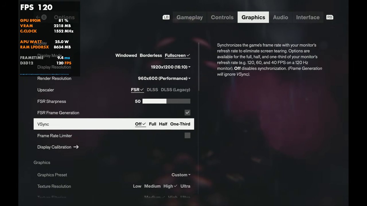 Control Resonant display settings on Legion Go 2 at 1920x1200 with FSR Performance