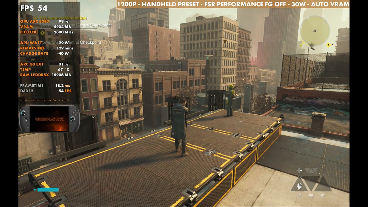 Control Resonant on OneXPlayer 3 at 54 FPS, 1200p Handheld preset, FSR Performance, 30W