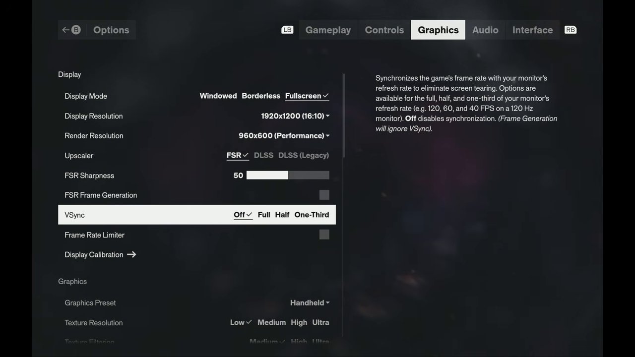 Control Resonant display settings on OneXPlayer 3: 1920x1200 fullscreen, FSR Performance, Handheld preset