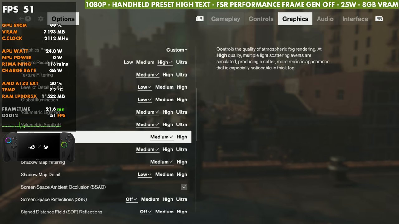 Control Resonant on ROG Xbox Ally X with the Handheld preset plus high textures, FSR Performance, 25W