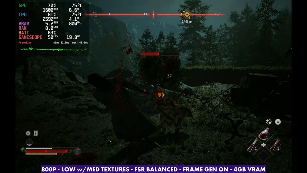 The Blood of Dawnwalker on Steam Deck OLED with frame generation on, 800p Low, FSR Balanced