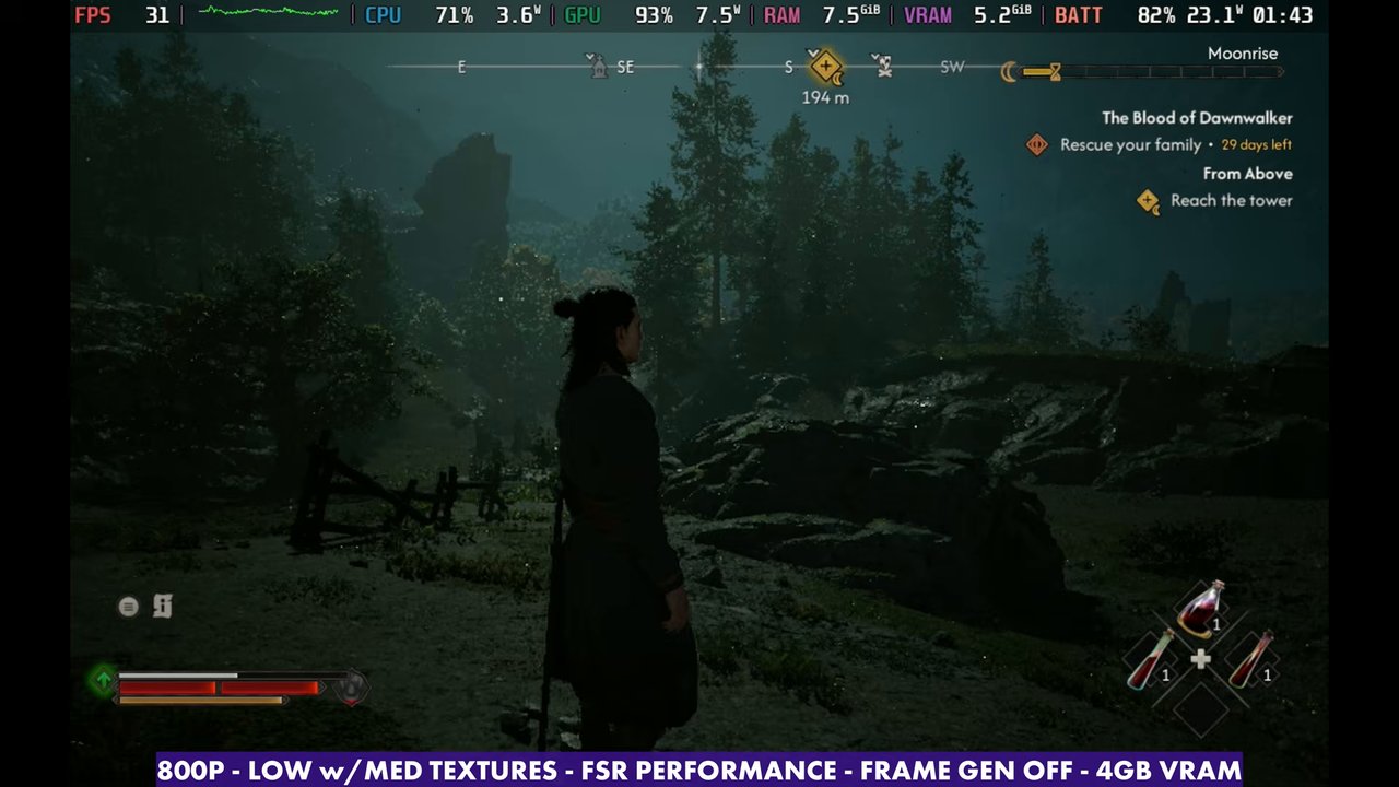 The Blood of Dawnwalker on Steam Deck OLED at 800p Low with FSR Performance, frame gen off