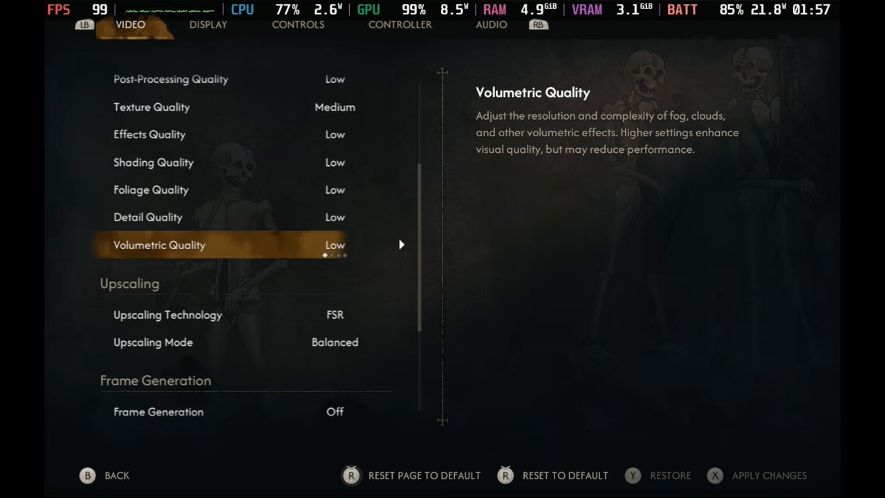 The Blood of Dawnwalker graphics settings on Steam Deck OLED, Low with FSR Balanced