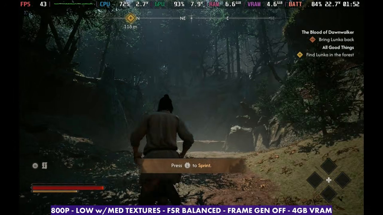 The Blood of Dawnwalker on Steam Deck OLED in the opening area at 800p Low with FSR Balanced