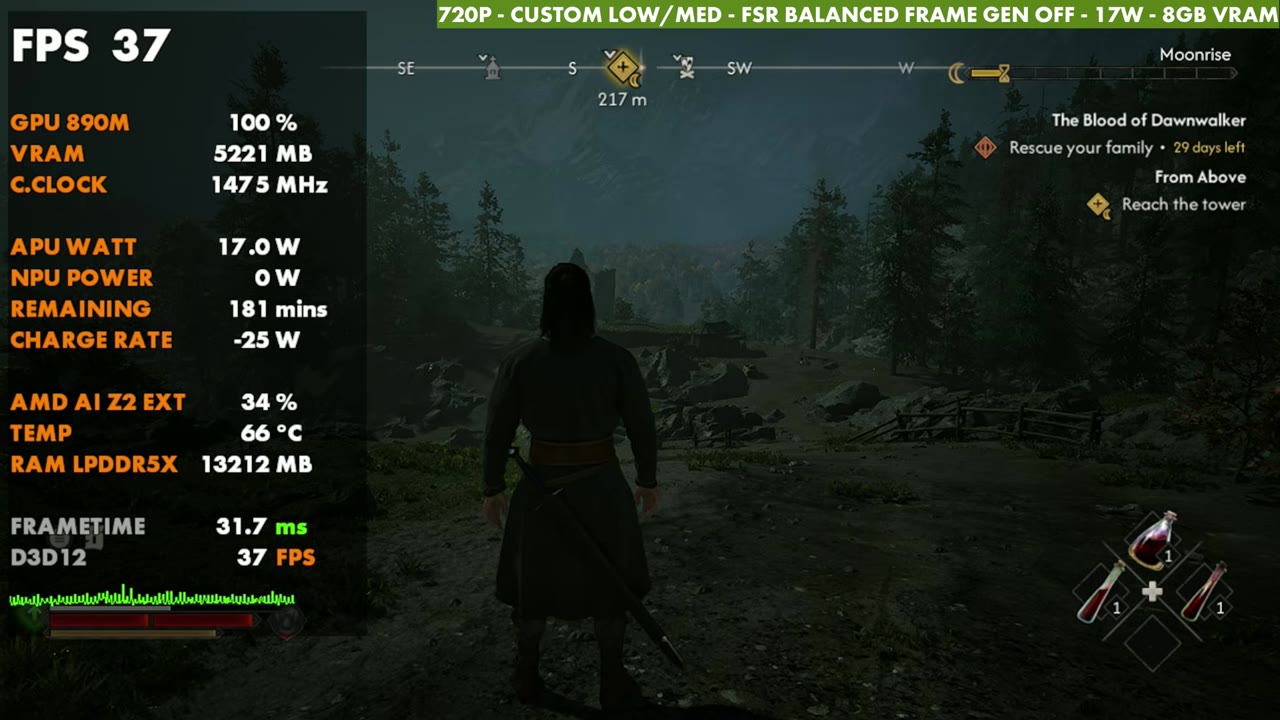 The Blood of Dawnwalker on ROG Xbox Ally X at 37 FPS, 720p custom low/medium, FSR Balanced, 17W