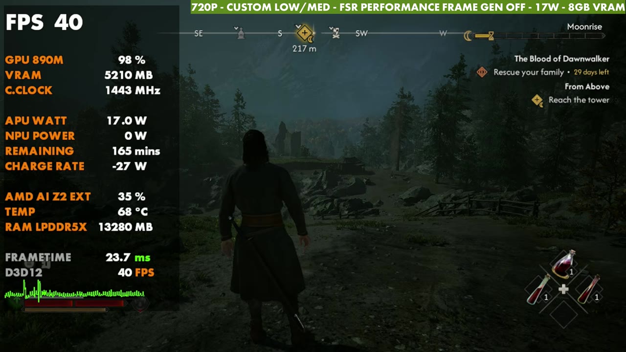 The Blood of Dawnwalker on ROG Xbox Ally X at 40 FPS, 720p custom low/medium, FSR Performance, 17W