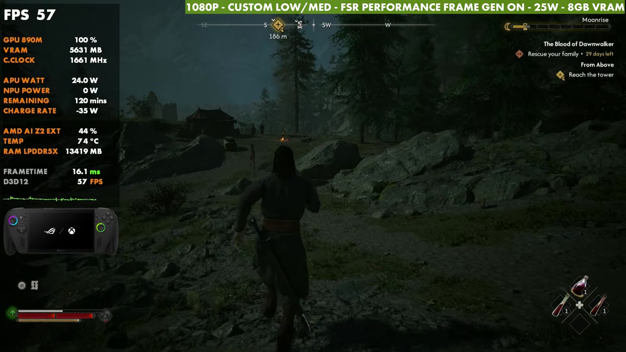 The Blood of Dawnwalker on ROG Xbox Ally X at 57 FPS with frame gen on, 1080p custom low/medium, FSR Performance, 25W