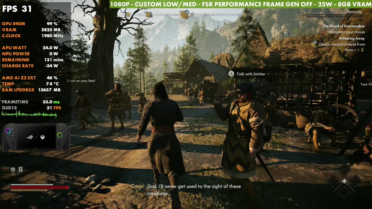 The Blood of Dawnwalker on ROG Xbox Ally X at 31 FPS in a village, 1080p custom low/medium, FSR Performance, 25W