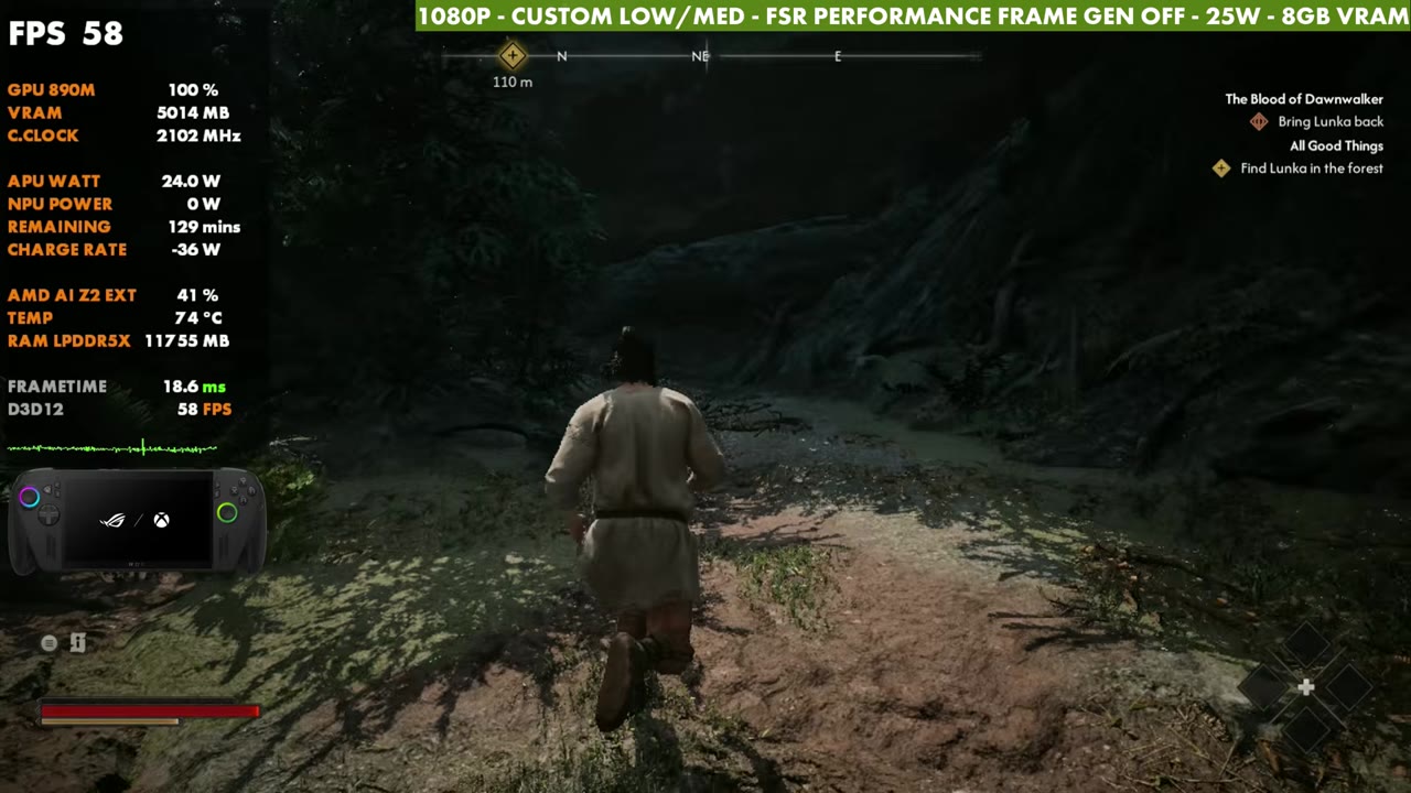 The Blood of Dawnwalker on ROG Xbox Ally X at 58 FPS in the opening area, 1080p custom low/medium, FSR Performance, 25W