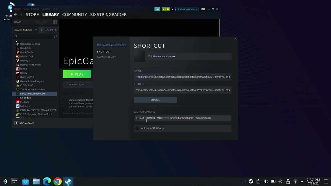 Steam shortcut properties with launch options for SD card access