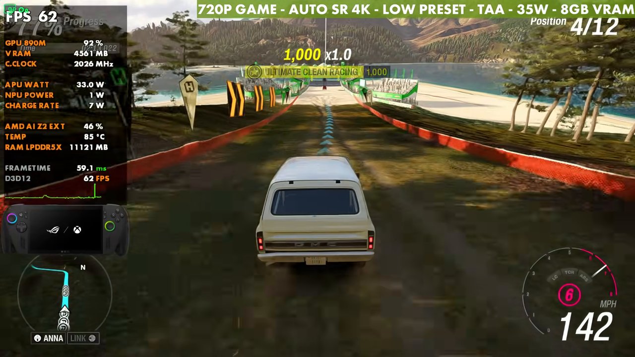 Forza Horizon 6 on ROG Xbox Ally X docked with Auto SR 4K from 720p, Low preset, 35W